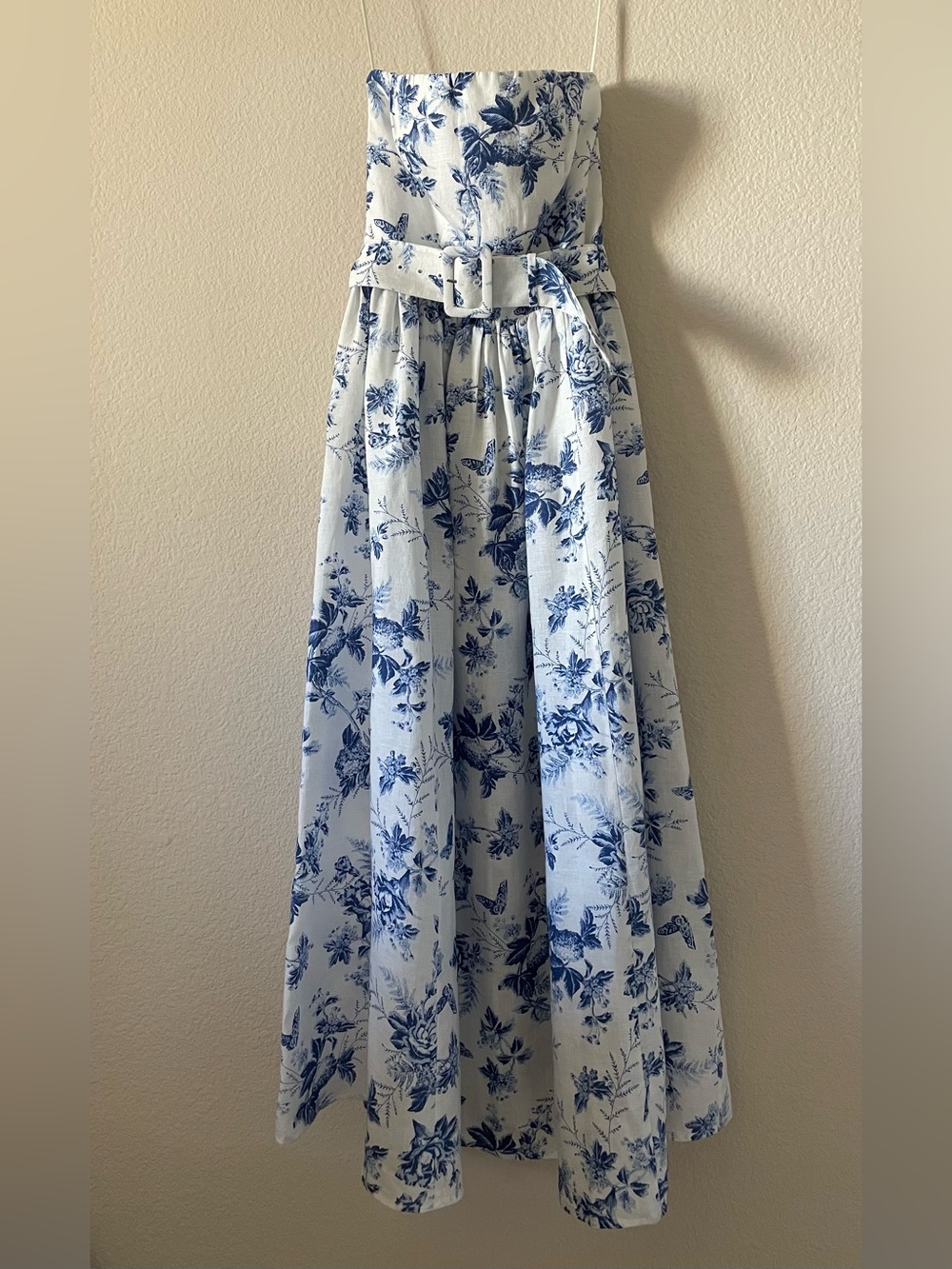 & Other Stories Belted Strapless White Linen Dress with Blue Floral Print